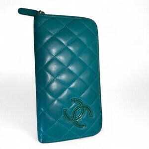 Chanel CC Matelasse Zip Around Long Wallet - Green/Teal